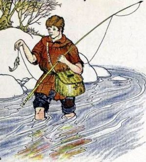 Так лучше отпусти меня живой в море:
Я скоро здесь отъемся на морских травах,
Большою стану, для любых пиров годной;
И ты тогда опять меня поймать сможешь».
Так плакала и билась на крючке рыбка.
Но не внимал старик ее словам льстивым,
И так сказал, проткнув ее прутом острым:
«Кто малое да верное готов бросить,
Гонясь за ненадежным, тот живет глупо».